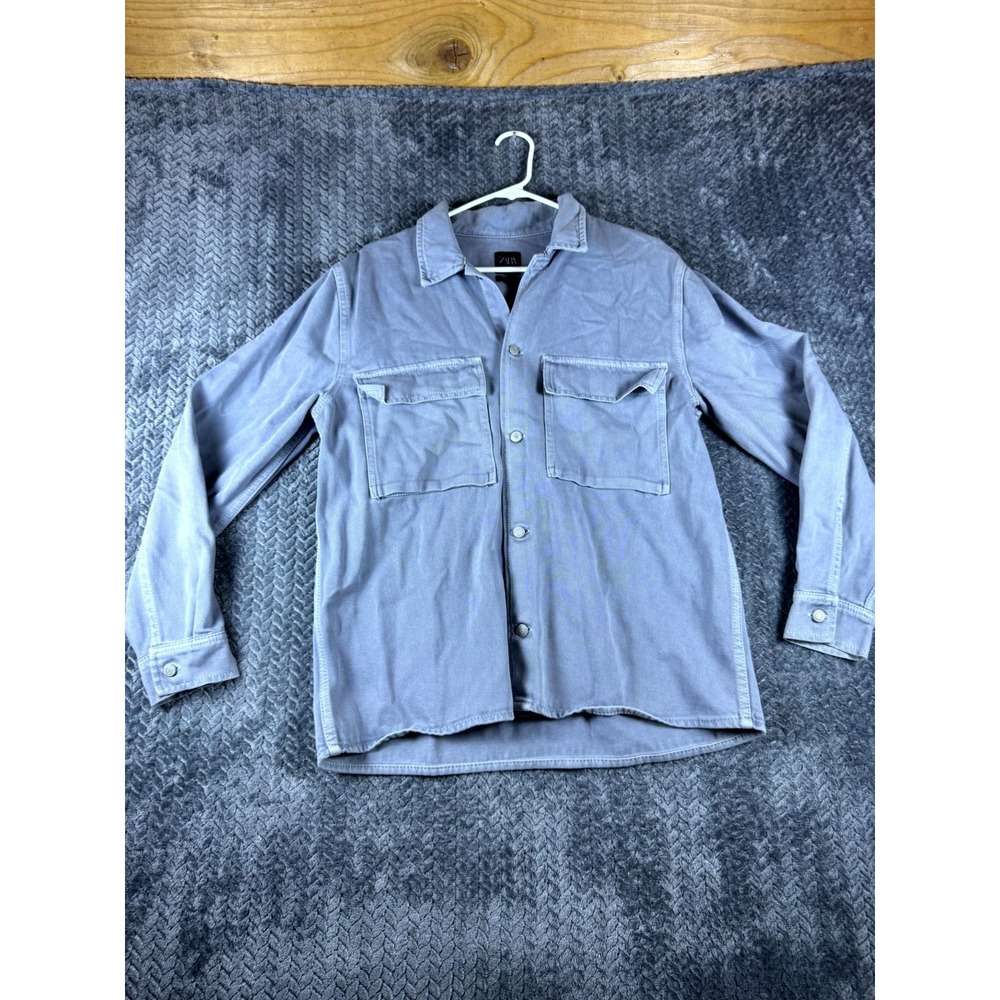 Zara Shirt Men Large Blue Denim Cotton Relaxed Fit Utility Long Sleeve Button Up